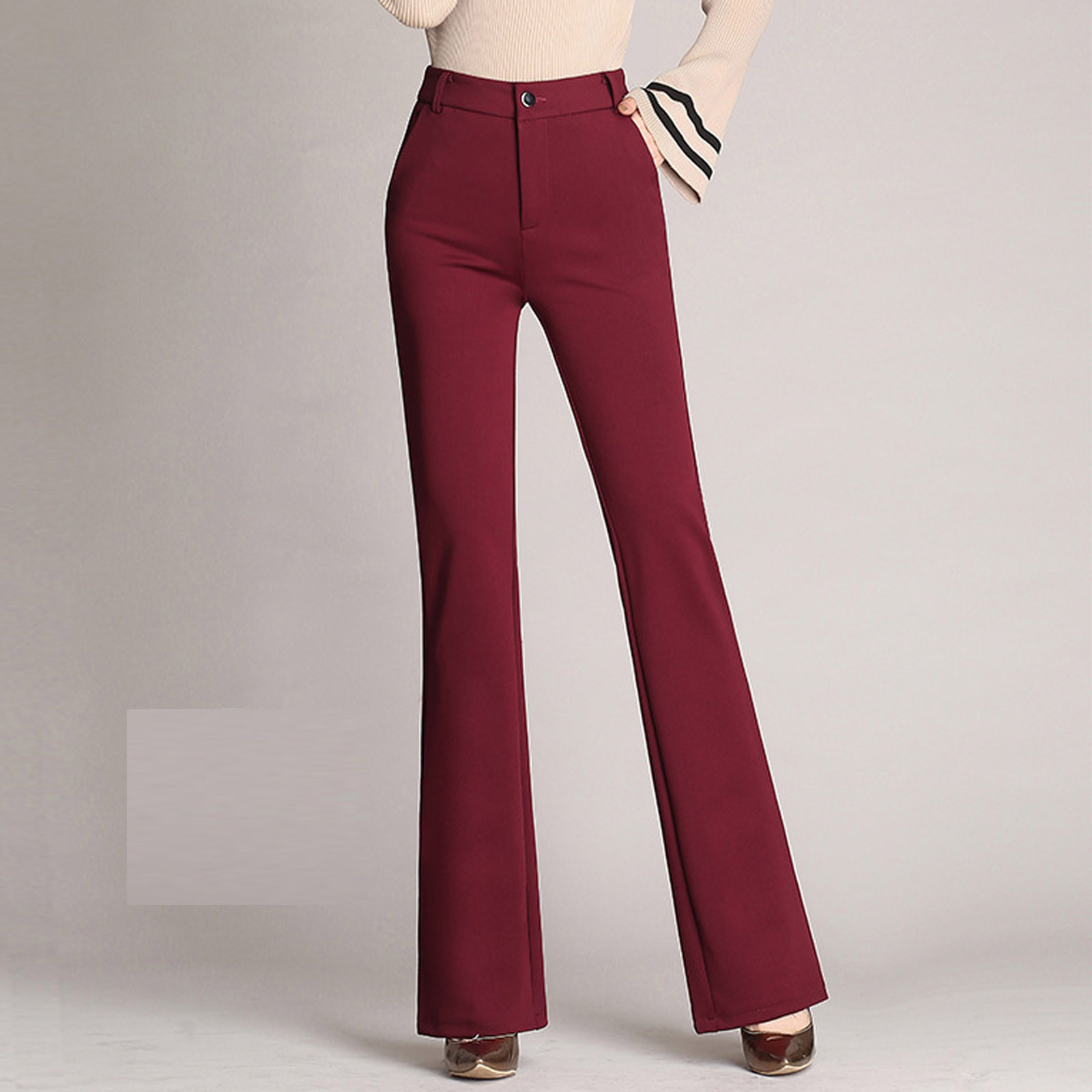 thumbnail image 2 of Pantalones rectos de cintura alta para mujer: cintura elástica, pantalones acampanados con bolsillos, 2 of 8